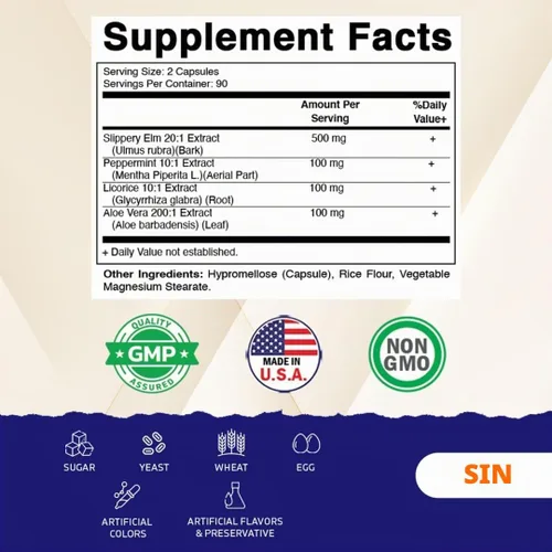 Vista 2 de Vitamatic Cápsulas de corteza de olmo resbaladizo – menta, DGL y extracto botánico de aloe vera – Extracto a base de plantas – Vegano, sin OMG – 180