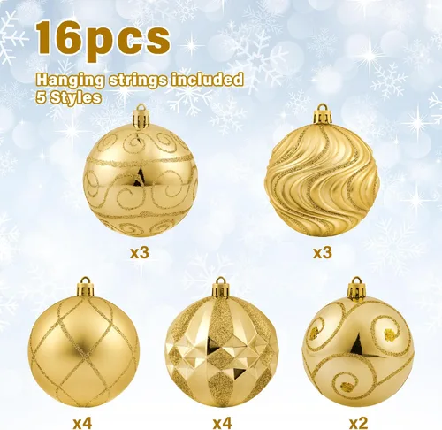 Vista 2 de Juego de adornos de bola de Navidad dorados de 3.15 pulgadas, 16 piezas de adornos dorados para árbol de Navidad, bolas colgantes grandes