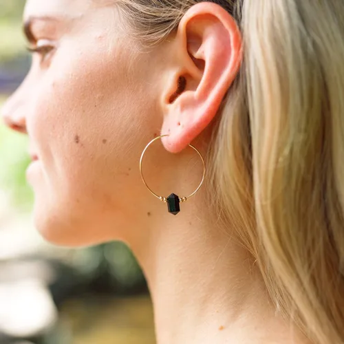 Vista 2 de Luna Tide Black Tourmaline Large Double Terminated Crystal Hoop Earrings in 14k Gold Fill
