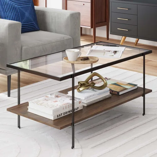 Vista 3 de Nathan James Asher Mid-Century - Mesa de centro rectangular con parte superior de cristal y estante de almacenamiento con acabado de madera con Negro