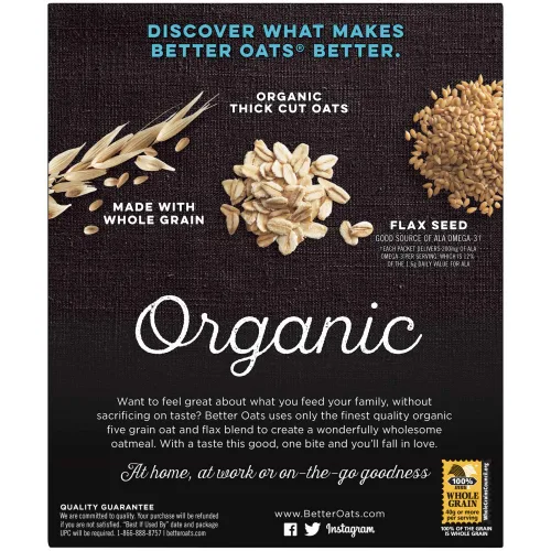 Vista 2 de Better Oats Bare Organic - Paquetes de cereales calientes multigrano, avena instantánea, textura gruesa y abundante, orgánico USDA, caja de 8 bolsas