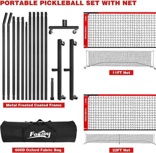Vista 8 de Fostoy Portable Pickleball Net Set with Wheels, Regulation Size 22 FT & Half Court 11 FT, Steady Metal Frame Pickle Ball Net Set System with Carry