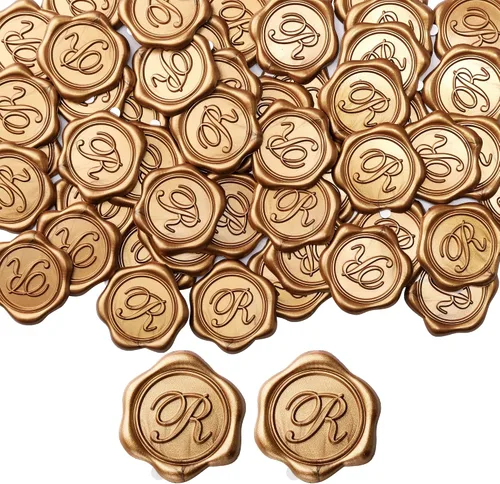 Vista 25 de Yoption - Pegatinas adhesivas de sello de cera con letra inicial A, paquete de 25 pegatinas de sello de cera con letra antigua dorada, sellos