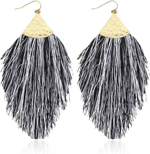 Vista 39 de Aretes bohemios de hilo sedoso con flecos y borlas – Ligeros, colgantes, con hebras y forma de pluma Fleco de plumas - Azul Aqua