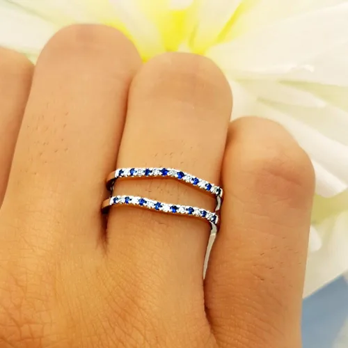 Vista 2 de Anillo doble de zafiro azul redondo de 14 quilates para mujer, aniversario, boda, realzador, doble anillo