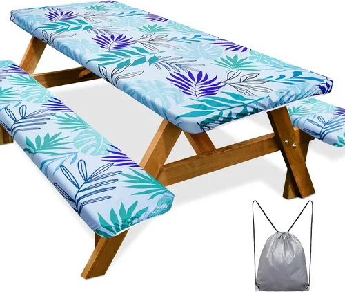 Vista 42 de Funda de mesa de picnic con fundas para bancos Esenciales de camping Mantel de picnic impermeable y a prueba de viento con bolsa de cordón, funda