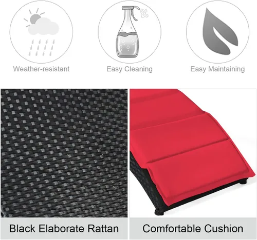 Vista 9 de COSTWAY 2 sillas plegables de ratán para exteriores, tumbona de mimbre para patio con cojín suave, soporte ergonómico, sillas portátiles de piscina