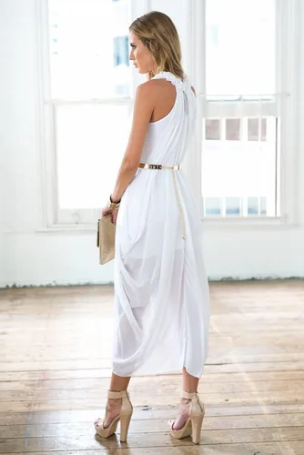 Vista 4 de Vestido de gasa transparente con pliegues para mujer, corte holgado de longitud corta y larga, delicado cinturón dorado