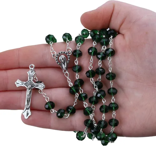 Vista 5 de Rosario de cristal verde esmeralda, cuentas de oración católicas, regalos religiosos para hombres y mujeres, 20 pulgadas de largo y crucifijo de 1 ½