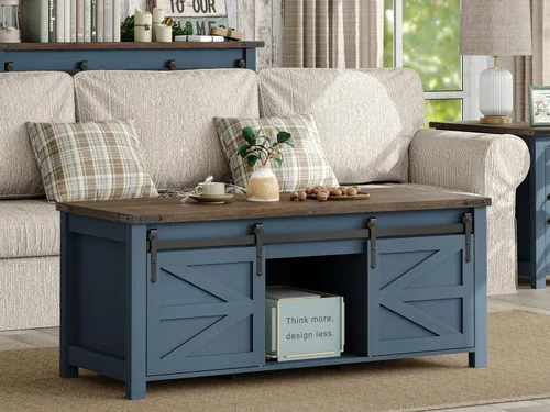 Vista 4 de Furnihold Mesa auxiliar elevable, mesa de centro de granja de 47.3 pulgadas con gran compartimento de almacenamiento oculto y puertas corredizas