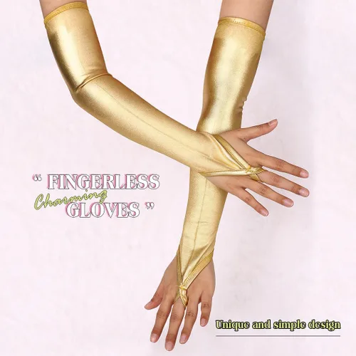 Vista 5 de Guantes holográficos para mujer, sin dedos, metálicos, hasta el codo, brillantes para disfraz de noche