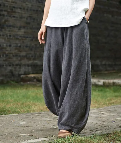 Vista 2 de Iximo Pantalones de lino y algodón, holgados, para mujer, con cintura elástica y ajuste relajado, informales, estilo harén