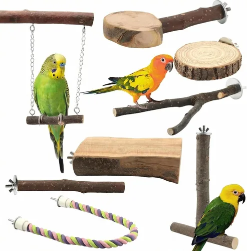 Vista 9 de 5 piezas de percha de madera natural para pájaros - Juego de perchas de rama recta y bifurcada, accesorios para jaula de pájaros para aves pequeñas