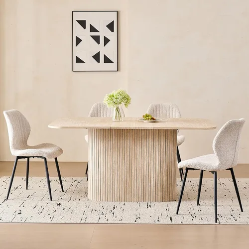 Vista 4 de Juego de 4 mesas de comedor grandes de 63 pulgadas para 4, esquinas redondeadas, mesa de cocina rectangular moderna de madera con sillas Boucle