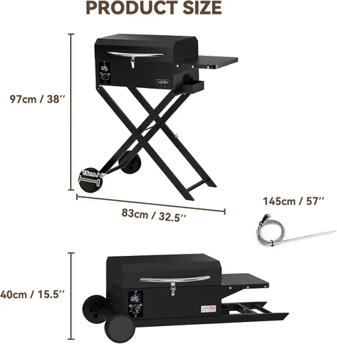 Vista 3 de ONLYFIRE GRILLS Parrilla Ahumadora de Pellets de Madera para BBQ con Carrito Plegable, Sonda de Carne, Área de Cocción de 2 Niveles, Estufa de Negro
