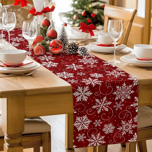 Vista 7 de Camino de mesa de copos de nieve rojos de 36 pulgadas de largo para decoración de mesa de comedor, camino de mesa de lino de algodón lavable, camino