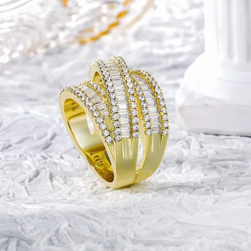 Vista 4 de OPOMOMO Eternity Ring Wedding Bands,18K Gold Plated 3 Rows Emerald Cut Lab Diamond Band Rings for Women Men