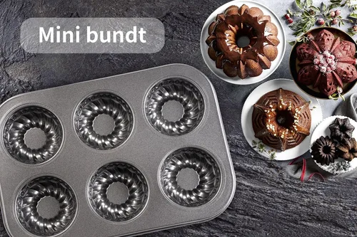Vista 7 de Yomvzake Mini molde para tartas, 6 cavidades de tubo acanalado para tartas, molde para brownie, molde redondo pequeño para tartas para tartas
