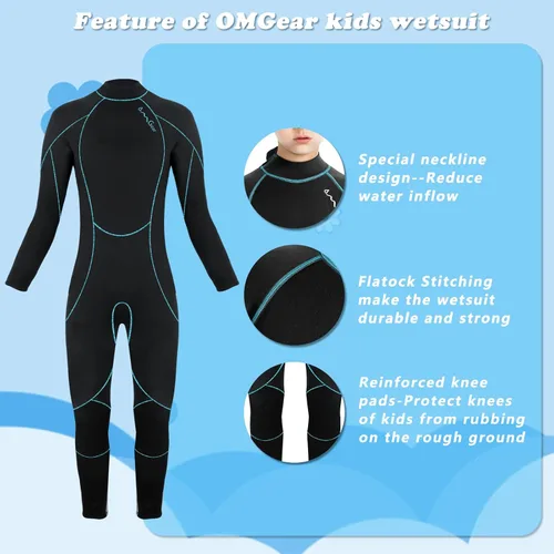 Vista 2 de OMGear - Traje de neopreno térmico para niños de 3 mm para niños y niñas jóvenes, niños, traje de neopreno para niños para aguas frías, manga