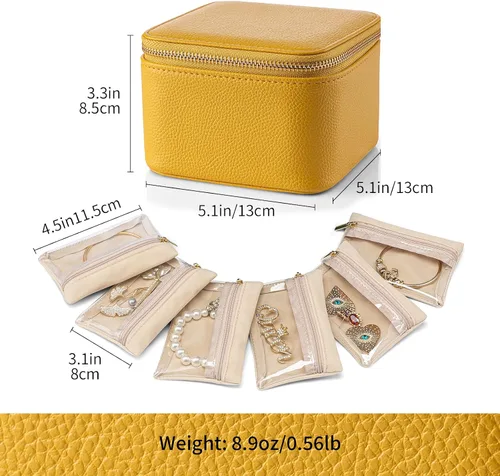 Vista 8 de Vlando Joyero de viaje, pequeña bolsa de joyería con 6 bolsillos de terciopelo con cremallera, organizador de joyería de piel sintética para mujeres