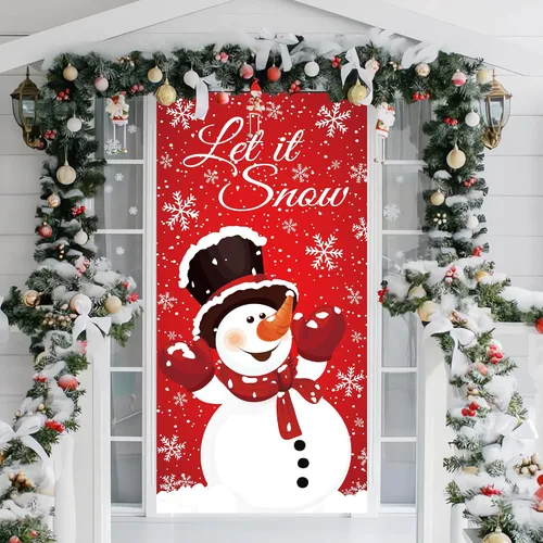 Vista 4 de Augisteen Cartel de Navidad para puerta de muñeco de nieve, letrero de Navidad para puerta delantera, porche, muñeco de nieve, fotografía, telón
