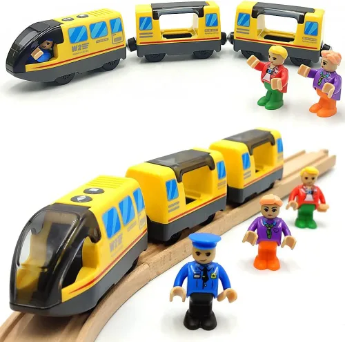 Vista 9 de TOPLIVING Tren motorizado para pista de madera, juego de 3 piezas de juguetes de tren para niños de 3, 4, 5 años, tren a batería compatible