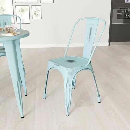 Vista 14 de Merrick Lane Banks - Silla apilable de comedor, marco de metal azul antiguo, acabado con recubrimiento en polvo envejecido, respaldo de listones