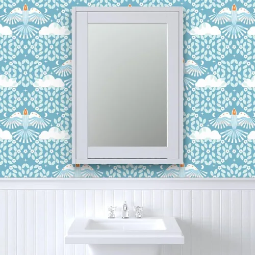 Vista 9 de Spoonflower Blue Sky Folk Art Pre-Pasted Removable Wallpaper Sample 12" x 24" Dreaming Scandi Scandinavian Mystical Water-activated, simple to