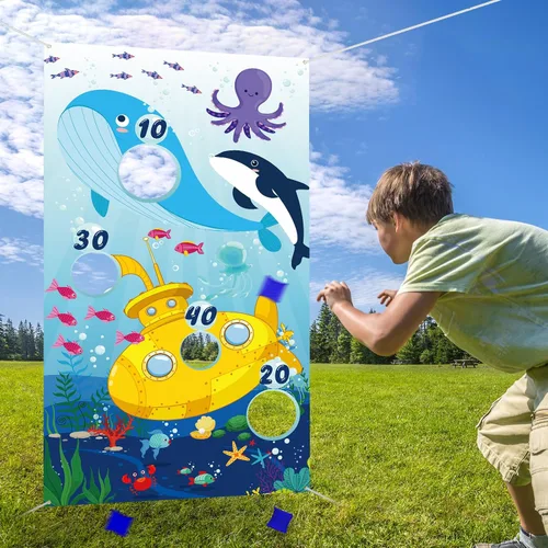Vista 6 de Blulu Cartel de juegos de lanzamiento de animales del océano con 4 bolsas de frijoles, juego de lanzamiento, para interiores y exteriores, delfín