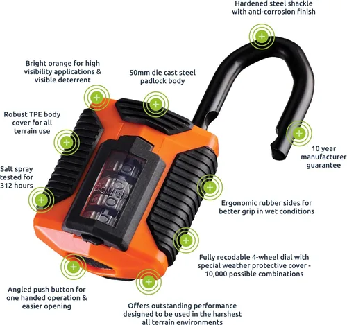 Vista 5 de Squire Candado resistente (CP50) – Grillete de acero más resistente – Candado combinado de 4 ruedas – Acero aleado para resistencia a la corrosión