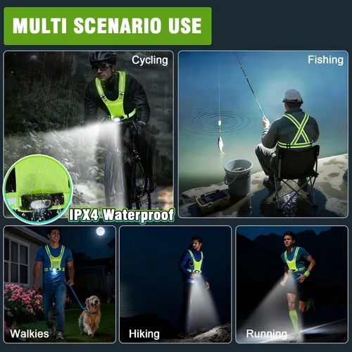 Vista 6 de Luces de correr para corredores, chaleco reflectante con sensor de movimiento de 3 modos, luces con inclinación ajustable de 45°, chaleco