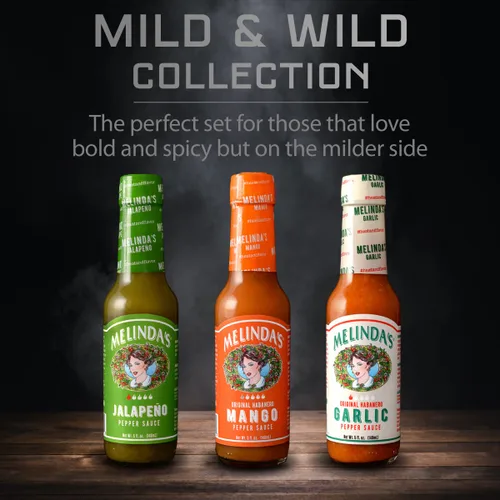 Vista 2 de Melinda's Paquete variado suave y salvaje, juego de regalo de salsa picante gourmet con variedad de sabores frescos, incluye jalapeño, mango y ajo