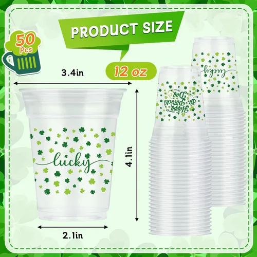 Vista 2 de 50 vasos de plástico de 12 onzas para el Día de San Patricio, vasos desechables impresos con texto en inglés "Happy St. Patrick's Day" y "Lucky