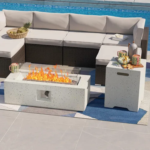 Vista 6 de SUNBURY Mesa de fuego de propano para exteriores de 42 pulgadas, mesa rectangular con tanque de 40,000 BTU, mesa de gas blanca manchada para patio