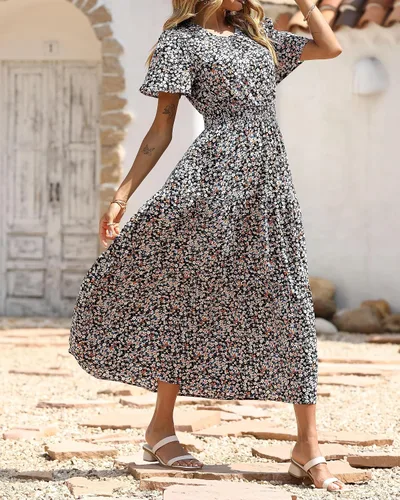 Vista 6 de PRETTYGARDEN - Vestido largo casual de verano para mujer, manga corta, con vuelo, cuello redondo, cintura fruncida, escalonado, bohemio, floral