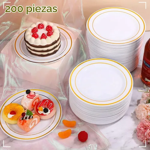 Vista 4 de Sieral 200 platos desechables de plástico para fiestas con borde de plástico duro, aperitivo, ensalada, postre de 7.5 pulgadas, elegante vajilla