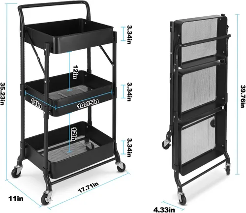 Vista 5 de Carrito plegable de metal de 3 niveles, carrito organizador plegable de almacenamiento multifunción para oficina en casa y biblioteca (negro)