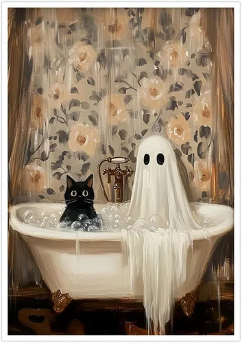 Vista 17 de Póster de dos lindos fantasmas en una biblioteca, arte de pared gótico espeluznante, decoración de Halloween, divertido estampado de fantasma