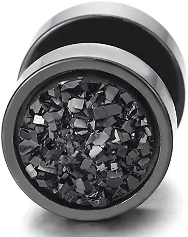 Vista 2 de Aretes de tuerca para mujer y hombre, de 0.394 pulgadas, color negro, con purpurina, de acero, falsos tapones para los oídos, dilatadores, Acero