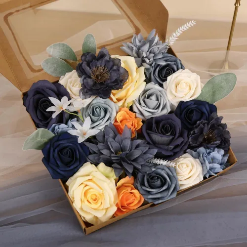 Vista 6 de Caja de flores artificiales azul marino, rosas de dalias de seda con tallos para manualidades, ramos de boda, centros de mesa, arreglos, decoración