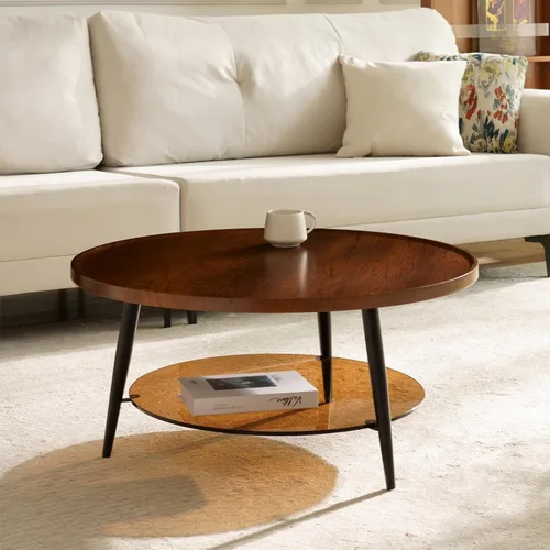 Vista 10 de Saint Mossi - Mesa de café moderna para sala de estar, mesa de café redonda de mediados de siglo, mesa central de 2 niveles para espacios pequeños