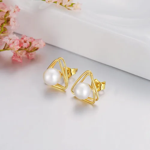 Vista 3 de Aretes de perlas de oro real de 14 quilates, aretes de perlas de oro amarillo real de 0.23 pulgadas con parte trasera de presión, aretes de perlas