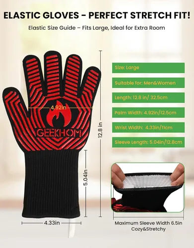 Vista 5 de GEEKHOM Guantes de horno ignífugos resistentes al calor: Certificado EN407 para 1472 °F, guantes de silicona flexibles de 13 pulgadas para hornear