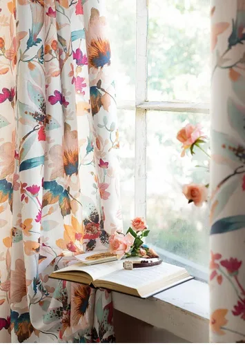 Vista 3 de Cortinas de lino beige con pestaña trasera de 45 pulgadas de largo para sala de estar, juego de 1 panel, 60% opacas, núcleo de cabaña, jardín