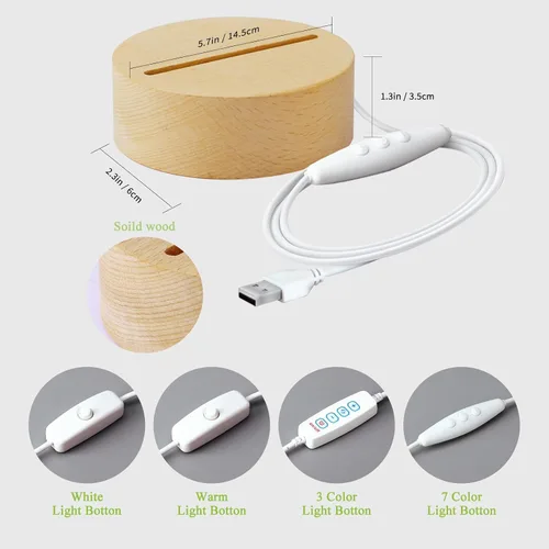 Vista 3 de Bemaystar Base de madera con luz LED, adecuado para placas transparentes, base redonda de luz nocturna cálida