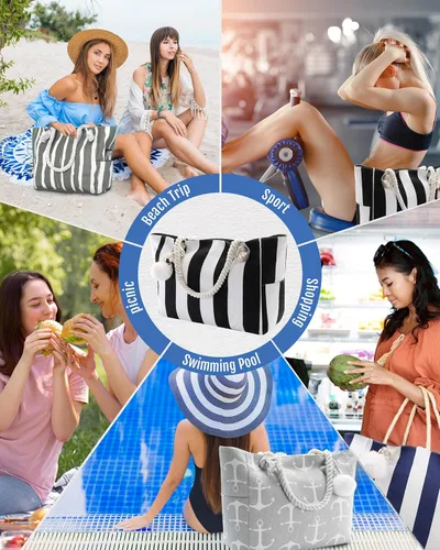 Vista 6 de Genovega Bolsa de lona grande para mujer, con bolsillos con cremallera, para natación, piscina, gimnasio, senderismo, picnic, viajes