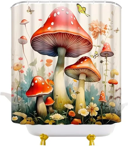 Vista 2 de Cortina de ducha con diseño de hongos, flores retro, mariposa, botánica, estética, fantasía, cortinas decorativas para baño con ganchos