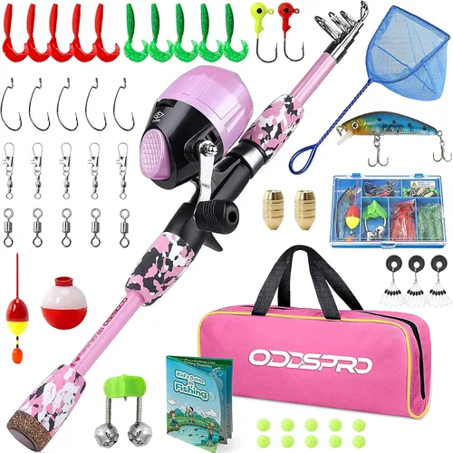 Vista 16 de ODDSPRO Caña de pescar para niños, kit combinado de caña de pescar y carrete telescópico portátil para niños, con caja de aparejos de pesca Spincast
