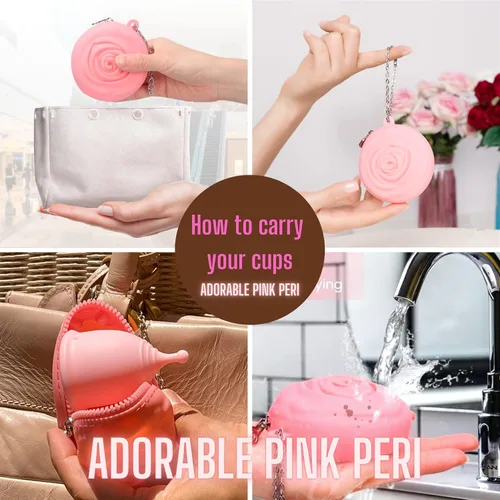 Vista 8 de Adorable Pink Peri - Copa menstrual con bolsa de almacenamiento para viajes (L, rosa transparente)