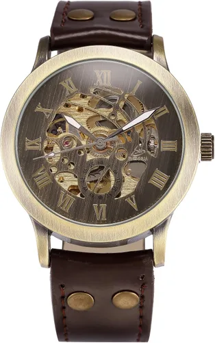 Vista 2 de AMPM24 PMW198 reloj de pulsera manual mecánico color bronce estilo steampunk con correa de cuero para hombre